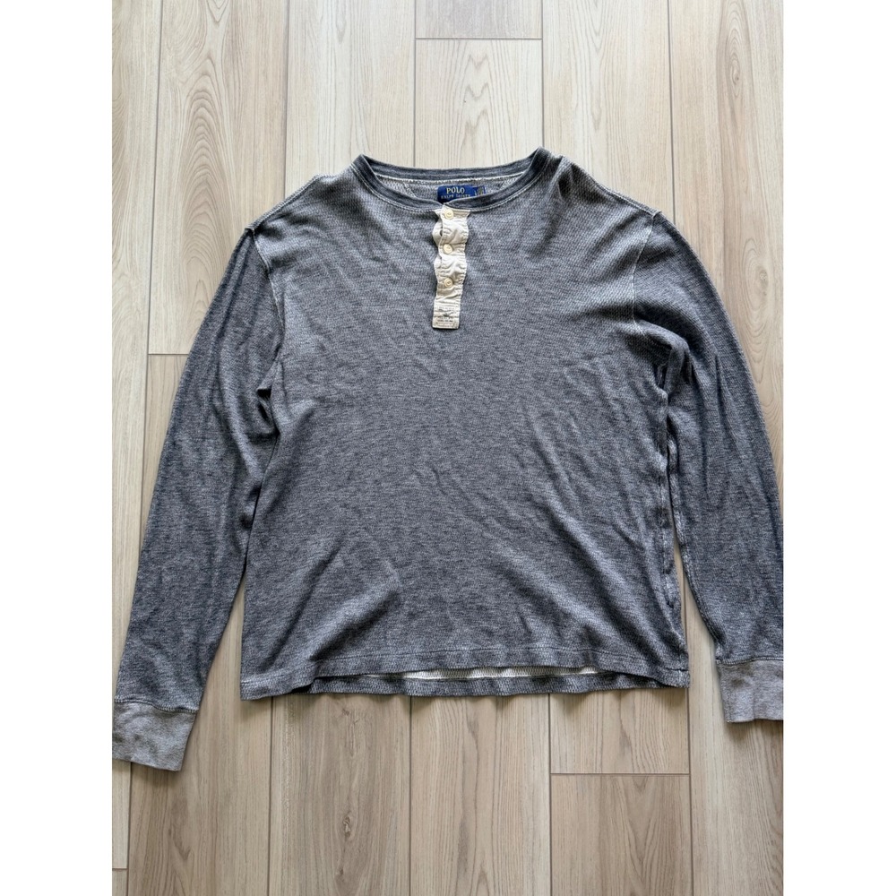 Polo Ralph Lauren Henley Shirt Mens L Grey Long Sleeve Waffle Knit Military Tag